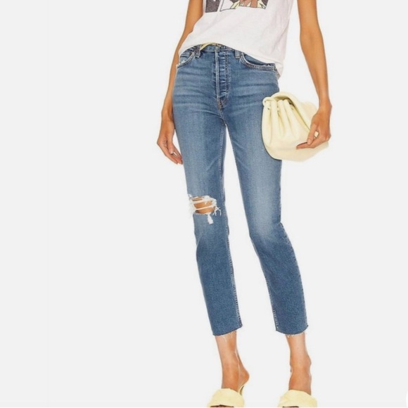 Re/Done Denim - Women’s Re/Done 90s High Rise Ankle Crop in Vintage Indigo Destroy